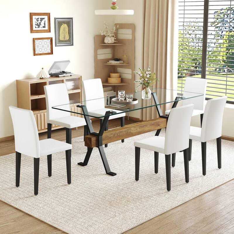 79" Glass Dining Table Set for 6, Modern Tempered Glass Table with 6 Upholstered Chairs, Kitchen Table and Chairs for 6
