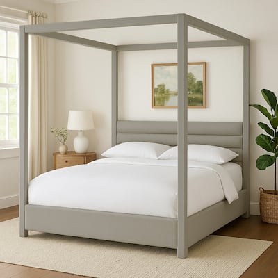 Riu Queen Size Canopy Bed, Panel Headboard, Tufted Gray Linen Upholstery