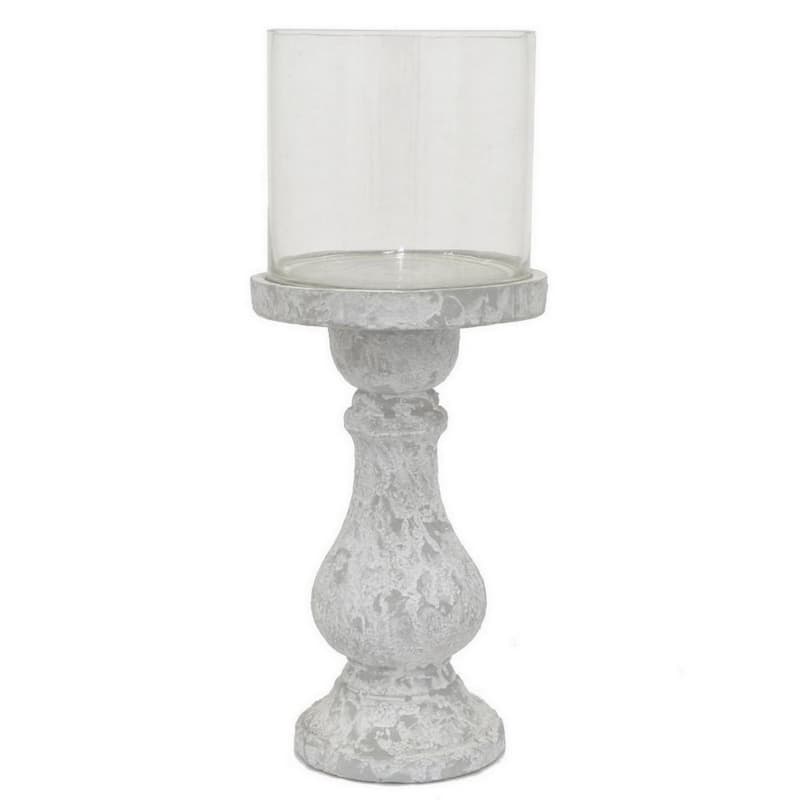 Kris Candle Holder with Hurricane Glass Top, White Gray Ceramic 7 Inch - White, Gray, Clear