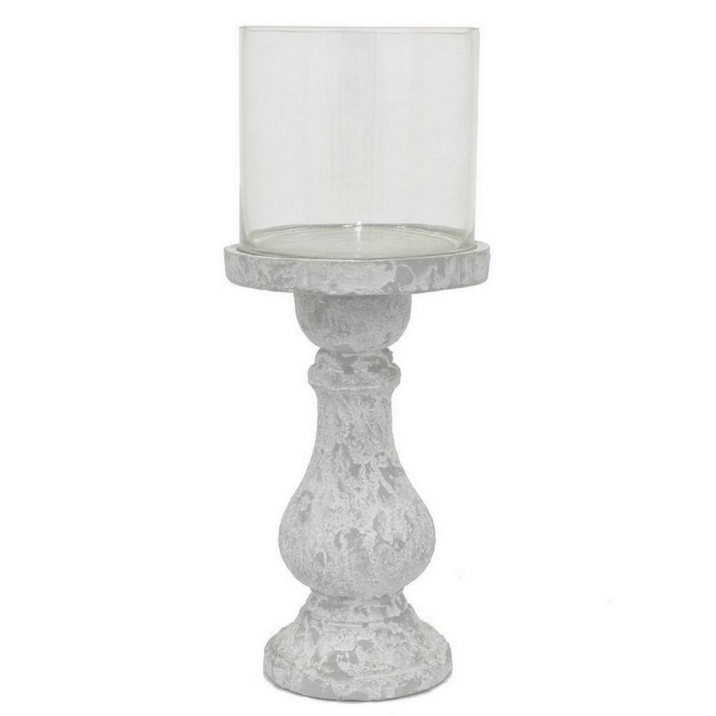 Kris Candle Holder with Hurricane Glass Top, White Gray Ceramic 7 Inch - White, Gray, Clear