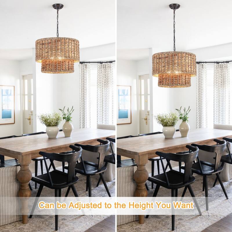 18.9 in. 5-Light Hemp Rope Weaving Drum Chandelier, Bohemian Style Chandelier, Handwoven Semi Flush Mount Chandelier