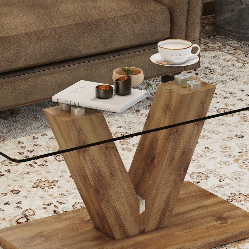 43.3" Modern Rectangular Coffee Table with MDF Pillars and Stable Base for Living Room
