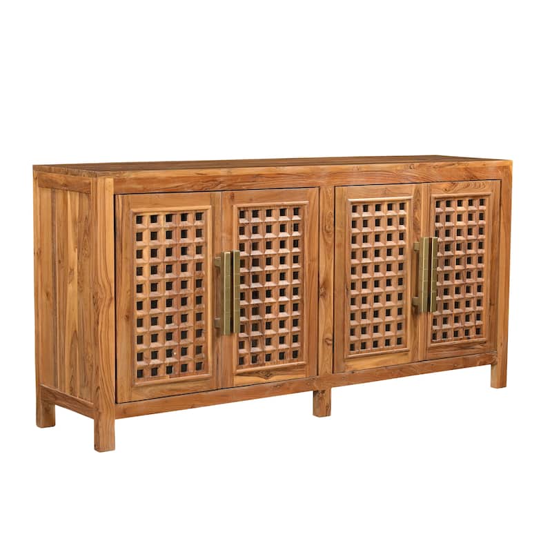 HomeRoots 71" Brown Solid Wood Carved Geometric Sideboard with Four Doors - 71.00 in. x 36.00 in. x 17.00 in.