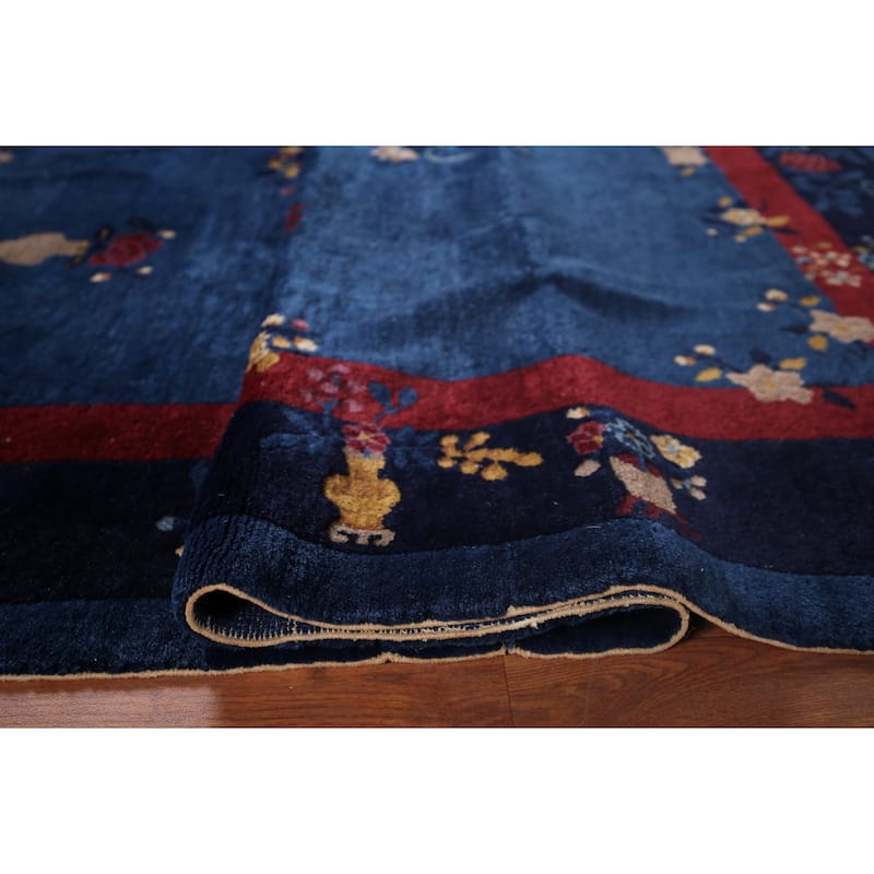 Vegetable Dye Blue Art Deco Chinese Antique Rug Handmade Wool Carpet - 6'1"x 8'10"