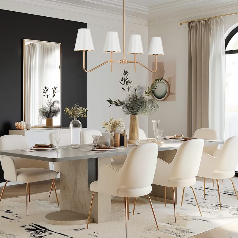 Mid-Century Modern 4-Light Gold Chandelier Island Lights with Fabric Shade for Dining Room - L 34.5" x W 5.5" x H 12.5"