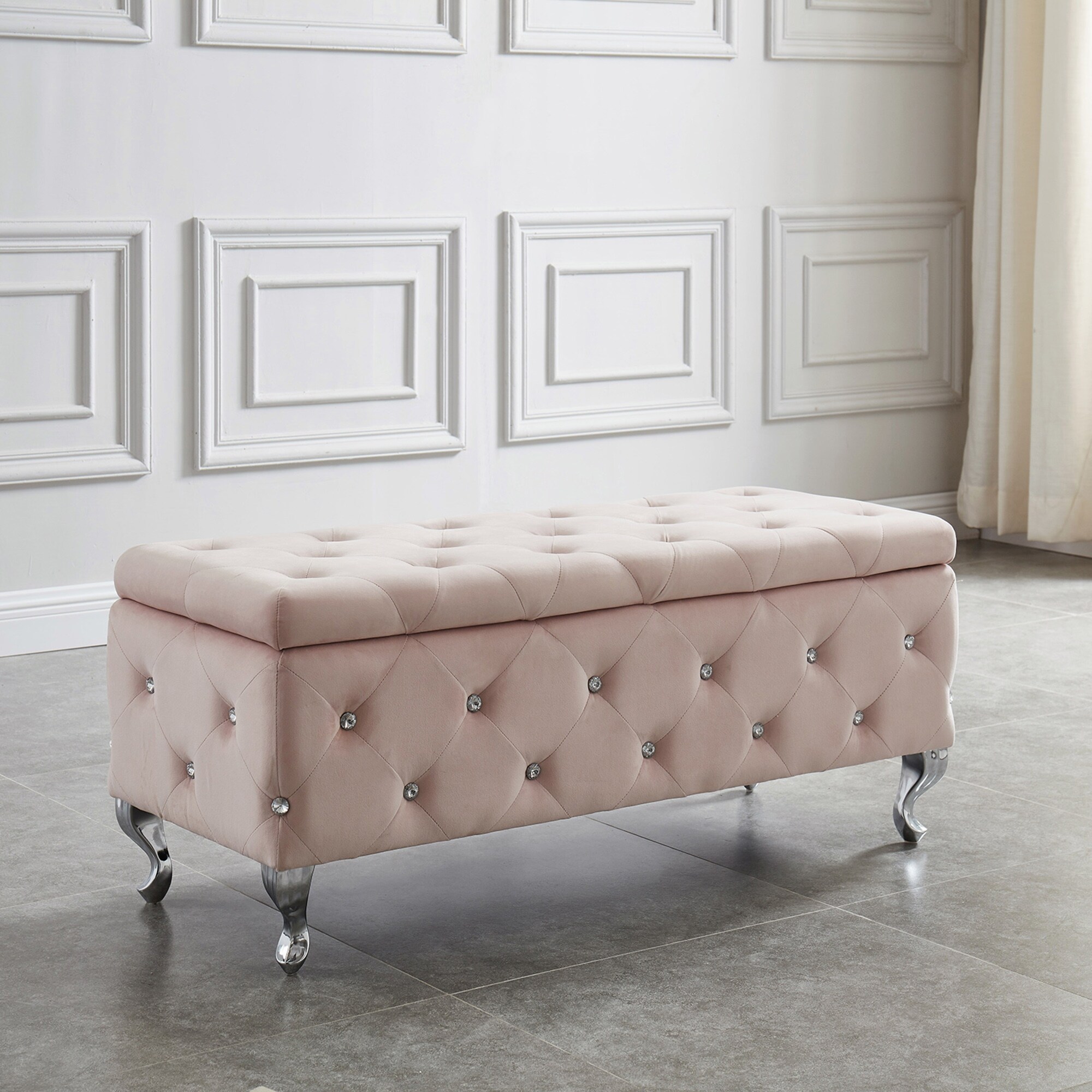 Monique Velvet Storage Bench with Crystals Blush On Sale Bed