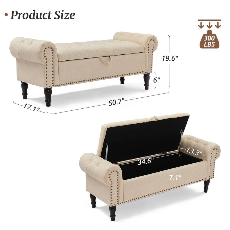 Modern Velvet Upholstered Storage Bench with Silver Nailhead Trim