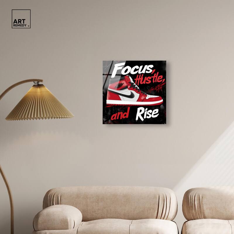 Hustle and Rise Sneaker Red Acrylic by Art Remedy, Ready to Hang