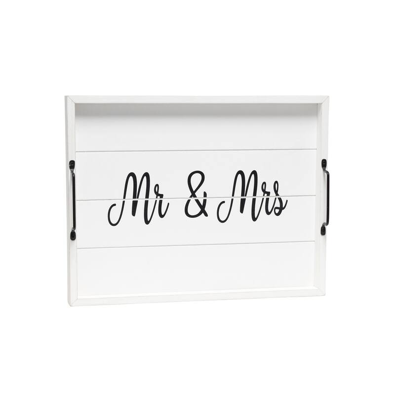 HomeRoots 16" Black And White Mr. and Mrs. Serving Tray With Handles - 15.50 in. x 2.25 in. x 12.00 in.