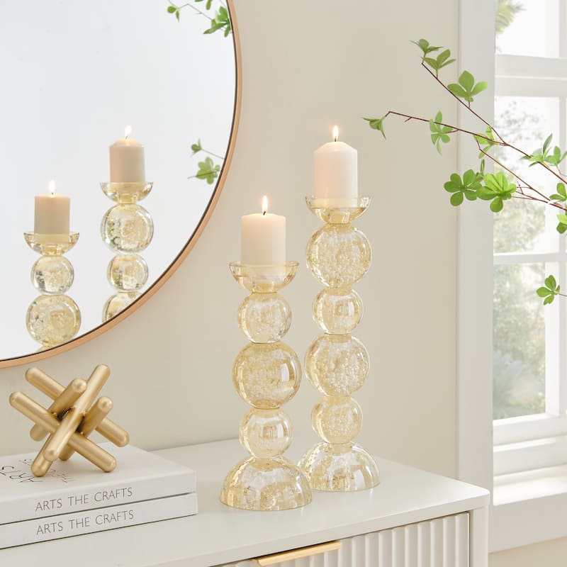 Enya Champagne Gold Tint Bubble Glass Stacked Orb Pillar Candle Holder Set of 2