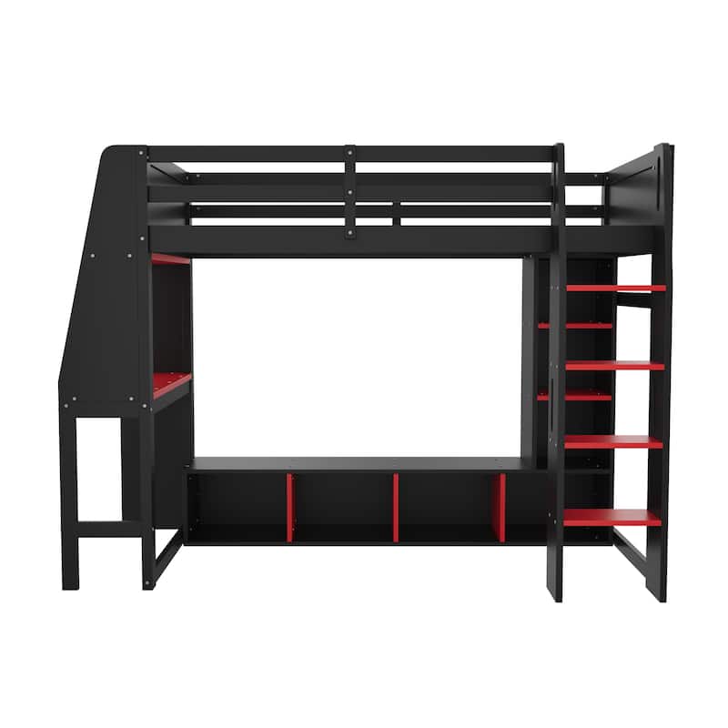 Gaming Loft Bed Teen Bed Frame with Desk Multi-storage Shelves Hanging Clothes Rack Space Saving LED Workstation Loft Bed