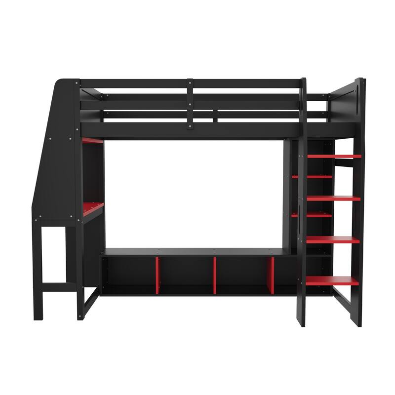 Roomfitters Twin/Full Gaming Loft Bed with Desk, Hanging Rack and LED Lights, Black and Red