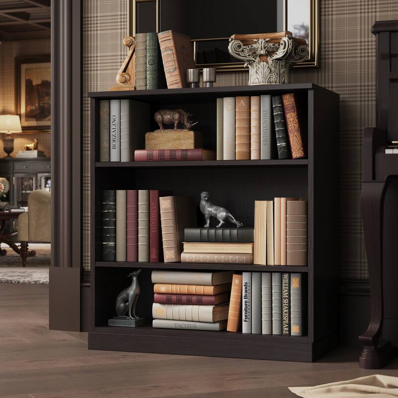 Palace Imports Premium 100% Solid European Oak Hardwood 3-Shelf Modular Bookcase - 32" Wide, 35.75" Tall - Espresso-Oak