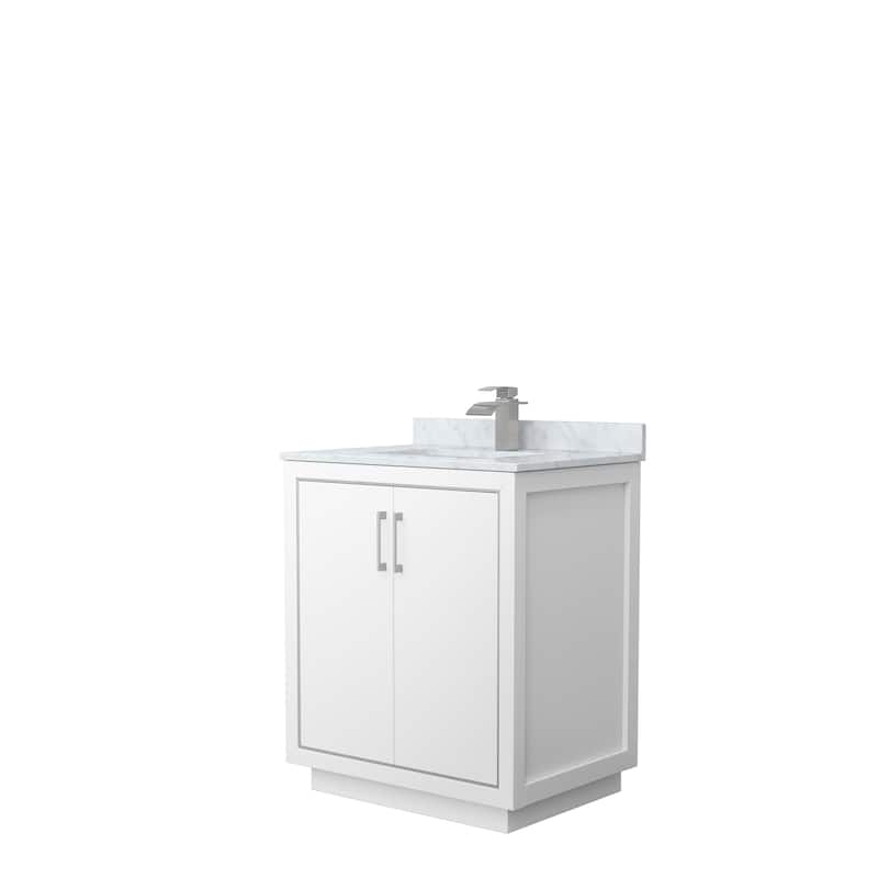 Icon Single Vanity Set, White Carrara Marble Top, No Mirror - 30-Inch Single - White, Nickel Trim, White Carrara Marble Top
