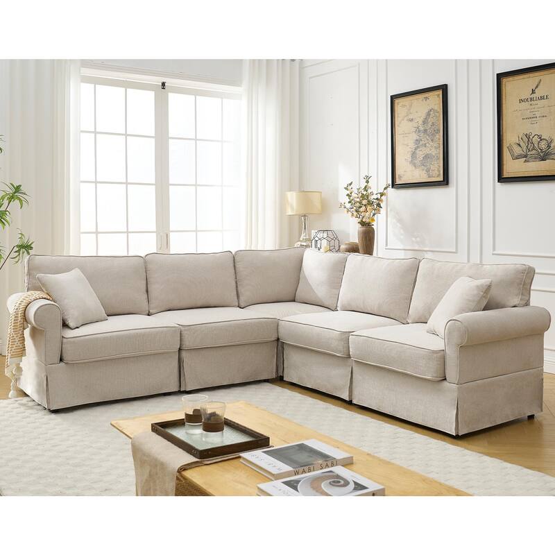 Modular Sectional Sofa Set, 5 Seat, Beige, Wood + Fabric, 94x94x36.5 inches