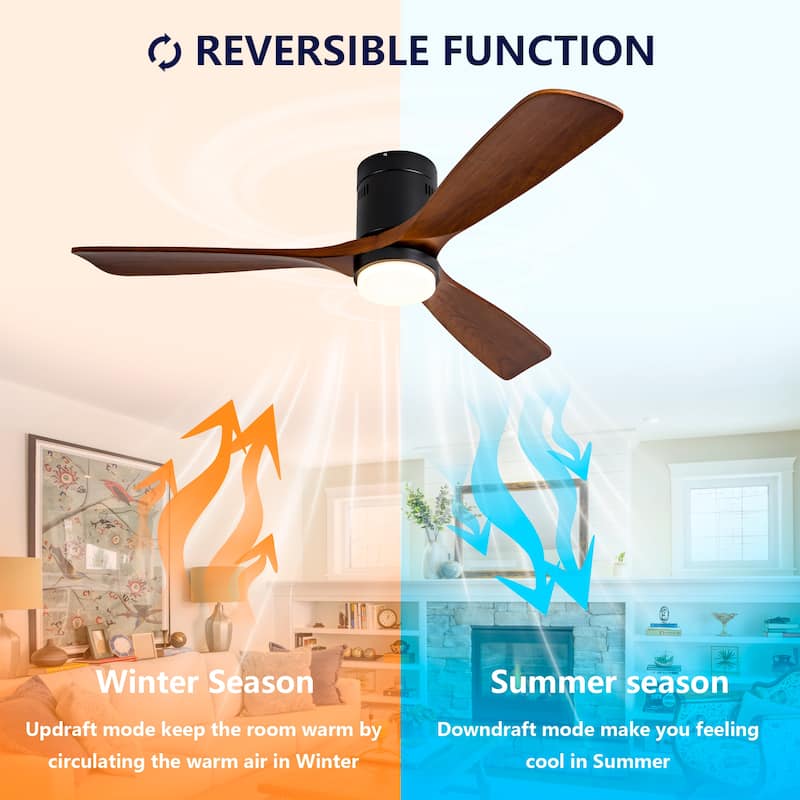52 Inch Flush Mount Ceiling Fan with Lights and Remote Control, Wood Blades, Quiet DC Motor - Indoor/Outdoor - Black