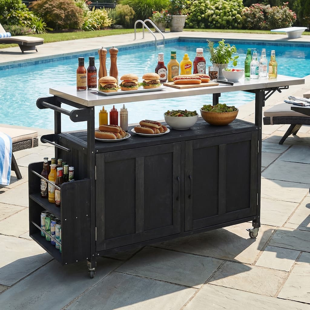 Foldable Outdoor Mobile Portable Kitchen Island Cart with Lockable Wheels, Storage Cabinet and Towel Rack