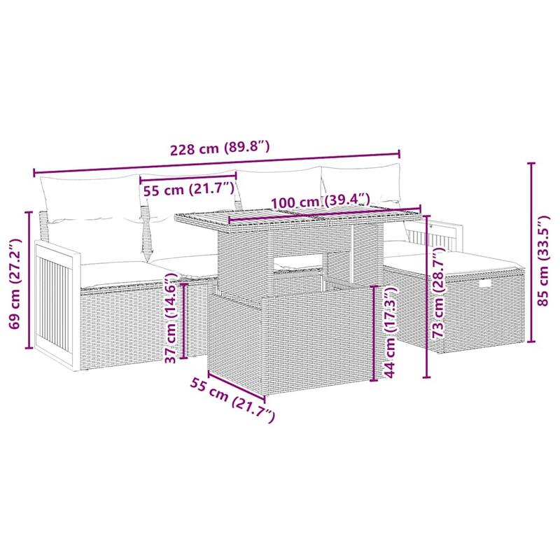 vidaXL Patio Sofa Set with Cushions Outdoor Furniture 6 Piece Poly Rattan