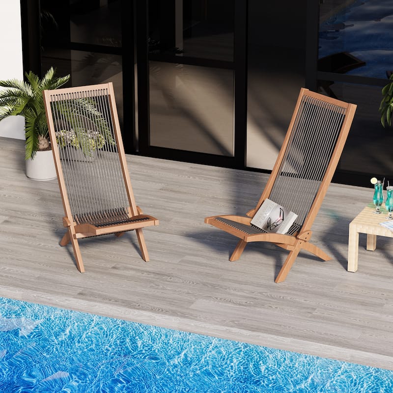 EROMMY 2-Piece Folding Acacia Wood Chairs Set - Standard & Rope Design Patio Chairs for Garden, Camping, Balcony