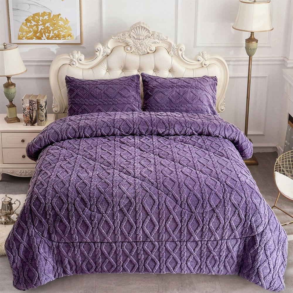 3 Pieces Sherpa Fleece Comforter Set Fluffy Comforter Bedding Set with 2 Pillowcases