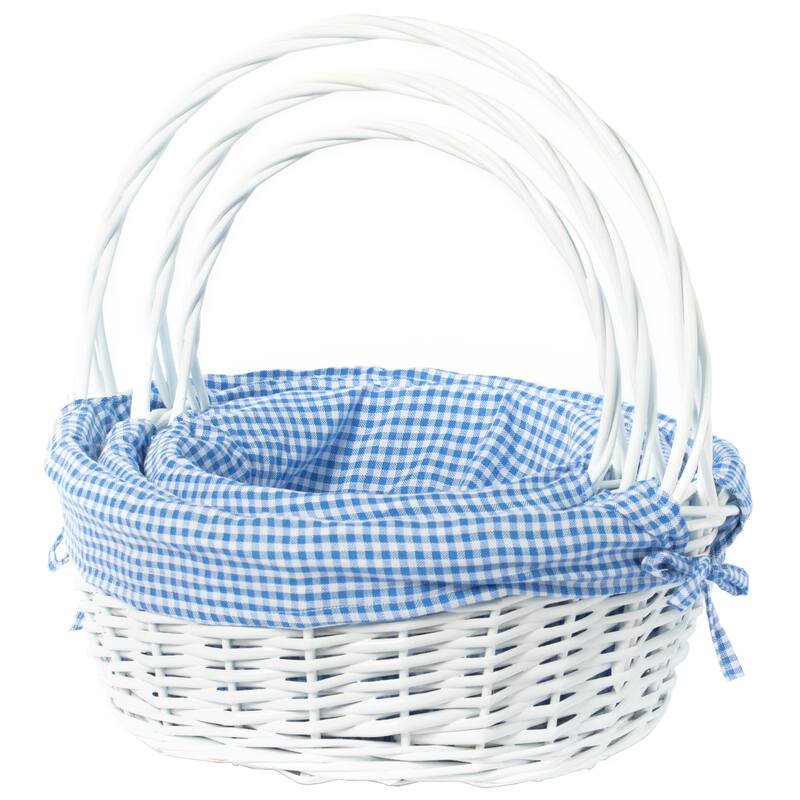 White Round Willow Gift Basket, with Gingham Liner and Handle - Set of 3 - Blue