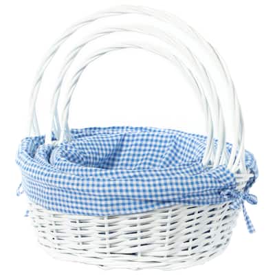 White Round Willow Gift Basket, with Gingham Liner and Handle