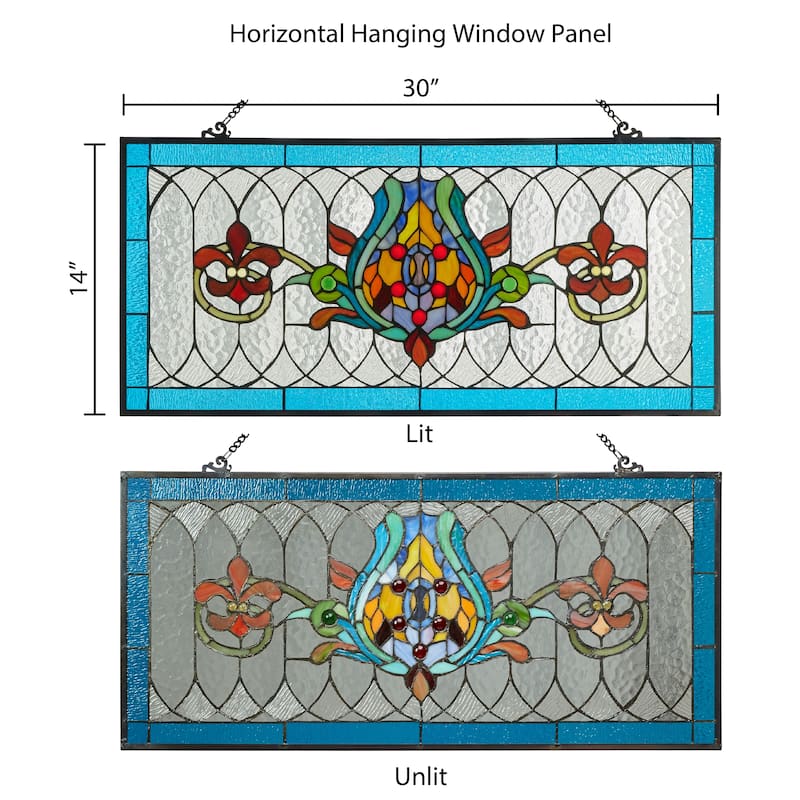 River of Goods Fleur De Lis Stained Glass Pub Window Panel - 30"L x 0.25"W x 14"H