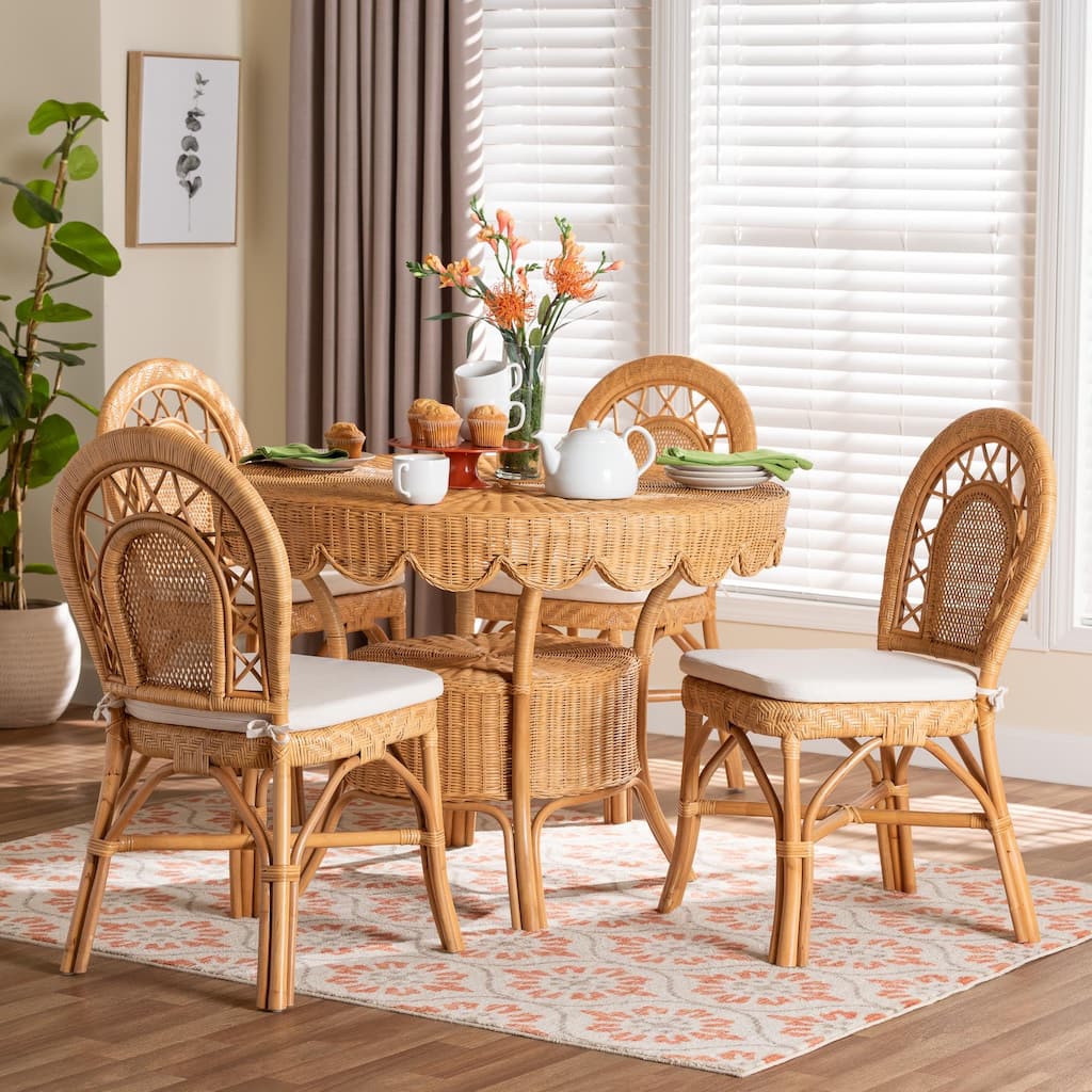 Travis 5-Piece Natural Rattan Dining Set - Handwoven Wicker Set with Round Scalloped Edge Table and 4 Curved Back Chairs