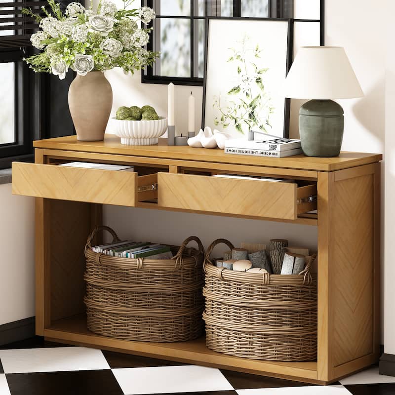 55" Console Table, Rustic Wooden Entryway Table with Storage Drawers - Natural