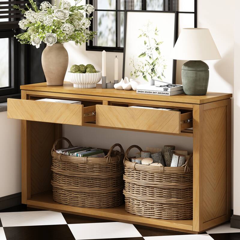 Rustic Wooden Console Table with Drawers and Shelf