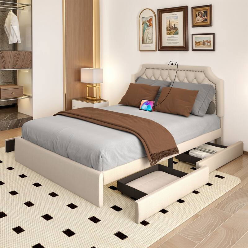 Moasis Velvet/Linen Upholstered Bedframe with Adjustable Headboard and 4 Storage Drawers