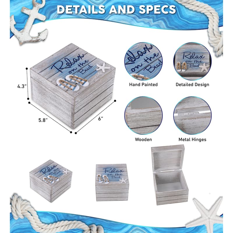 CoTa Global Aqua Sky Relax Wooden Box with Sandals and Starfish Decor - 6″Lx5.8″Wx4.3″H