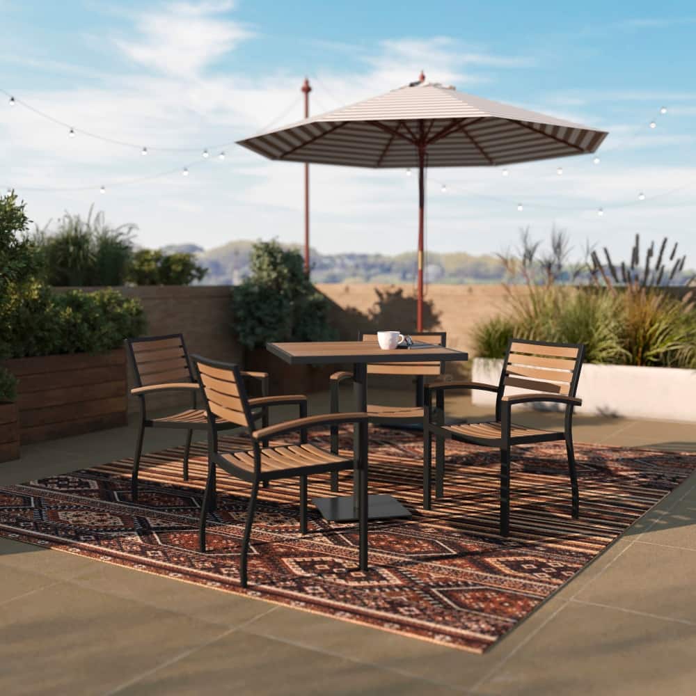 4 Faux Teak Accented Club Chairs and 30" Square Faux Teak Patio Table Set