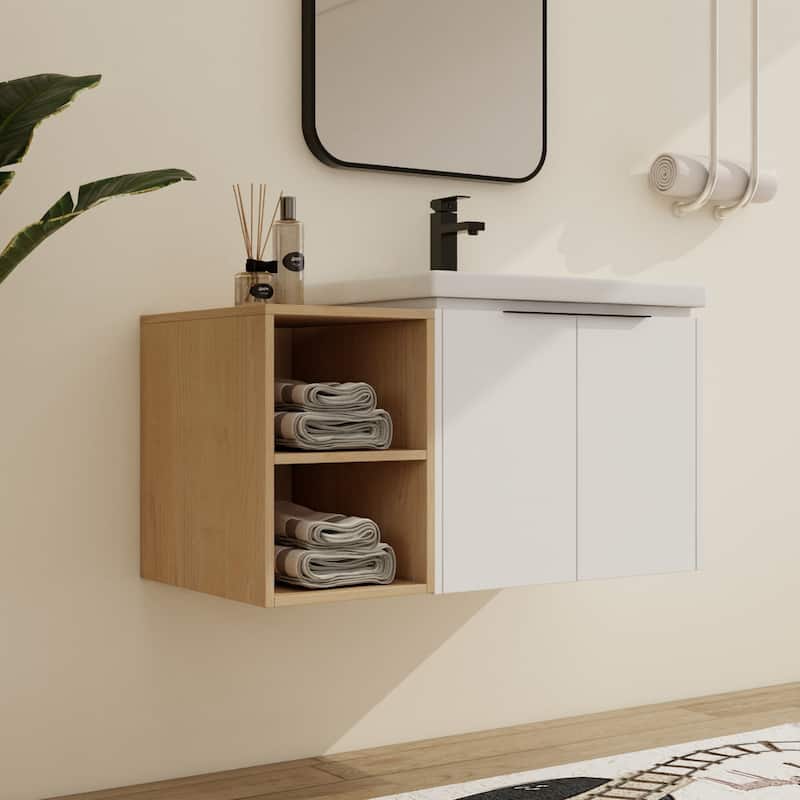 Malwee 24"/36"/48"/60" Floating Bathroom Vanity, Wall Mounted Bathroom Vanity with Ceramic Sink,Soft Close Door and Shelf