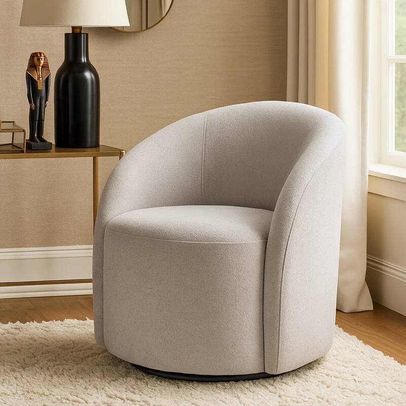 Saho Swivel Accent Chair, Barrel Style, Foam Padded, Light Gray Boucle