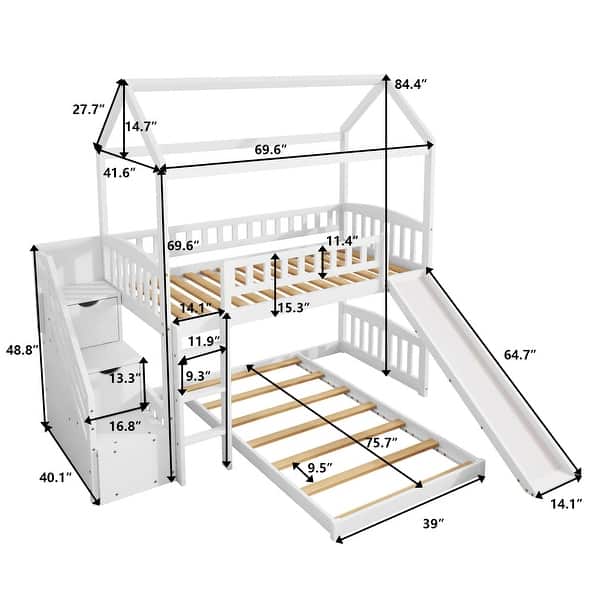 Modern Twin over Twin Bunk Bed with Two Drawers and Slide Bed Bath