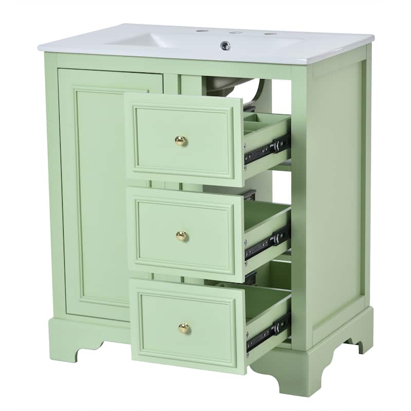 30" bathroom vanity cabinet with ceramic basin, 3 drawers and adjustable shelves