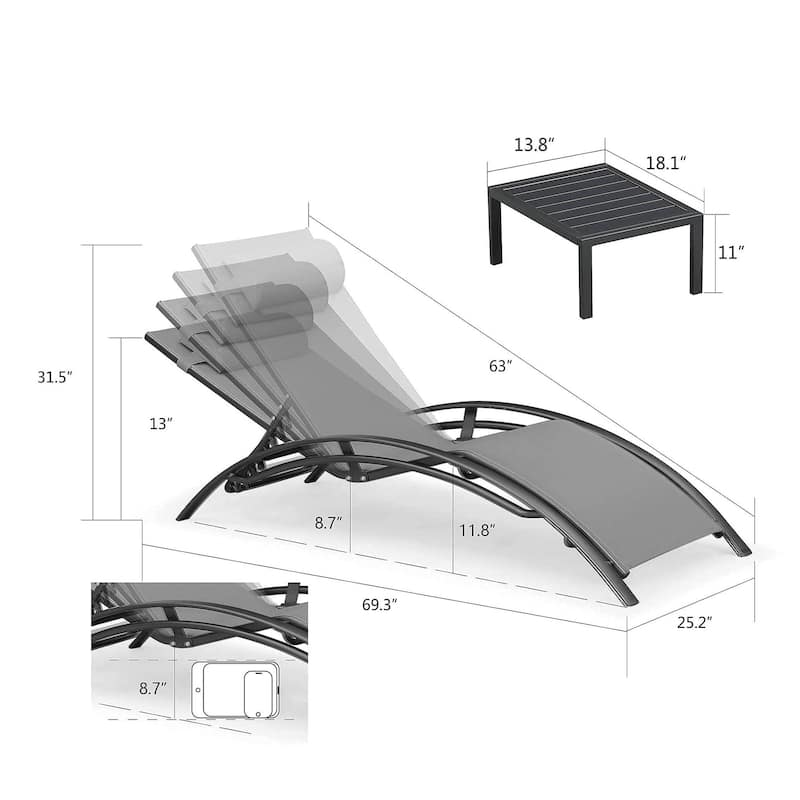 PURPLE LEAF Patio Chaise Lounge Set Outdoor Beach Pool Sunbathing Lawn Outside Chairs with Side Table Included