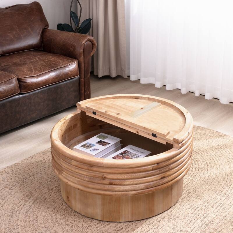 30.3" Modern Rustic Round Wooden Coffee Table with Hidden Storage