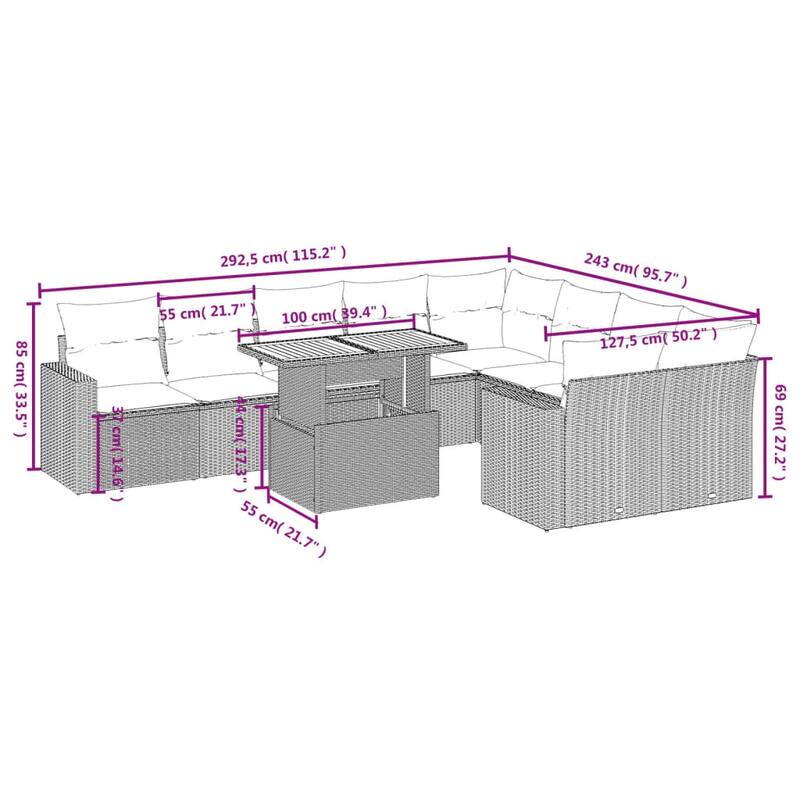 vidaXL Patio Sofa Set with Cushions Outdoor Furniture 10 Piece Poly Rattan - 24.4 x 24.4 x 27.2