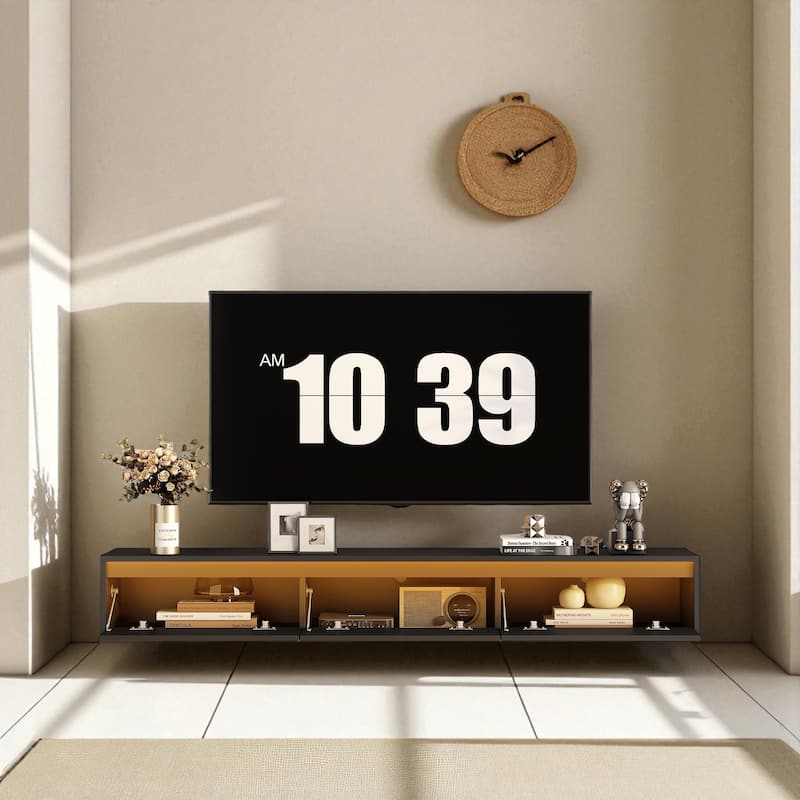 Floating TV Stand with LED Lights & Power Outlet, 65" Wall Mounted High Gloss Media Console with Storage Shelves