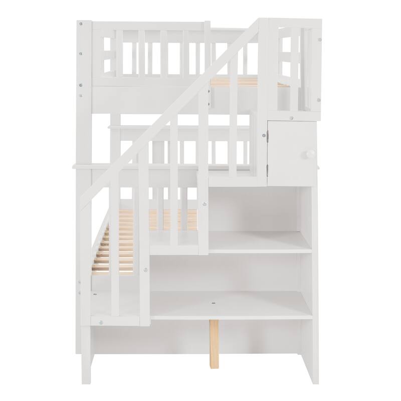Twin-Over-Twin Bunk Bed with Trundle, White, Pinewood, Storage Shelves, No Box Spring Required