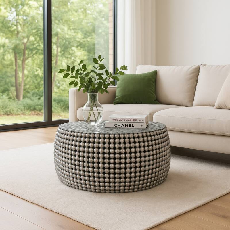 Eve 32" Coffee Table, Silver Metallic Beads Studded Pattern, Nickel Coated Iron Frame -  Silver Metallic Beads Studded Pattern | Nickel Coated Iron Frame|Silver