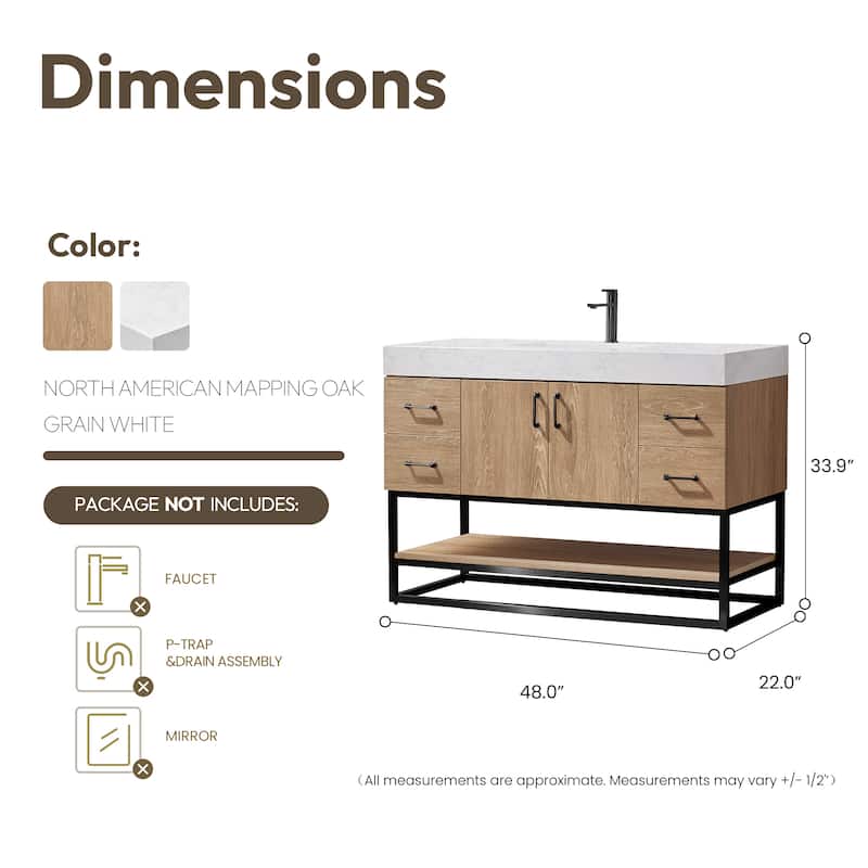 Alistair 48" Single Vanity with White Grain Stone Top without Mirror