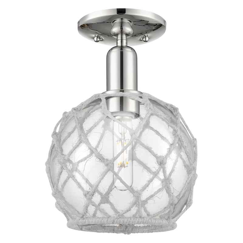 Innovations Lighting 716-1C-12-8 Farmhouse Rope Semi-Flush Farmhouse - Polished Nickel / Clear Glass with White Rope