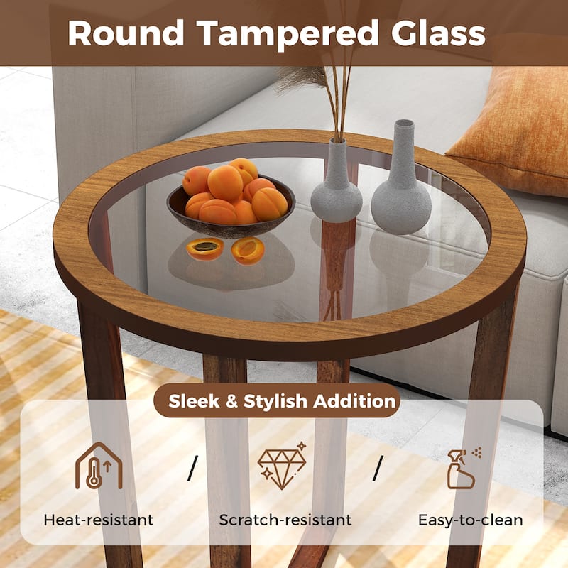 Gymax 2PCS Modern Round End Table w/ Transparent Tempered Glass Top