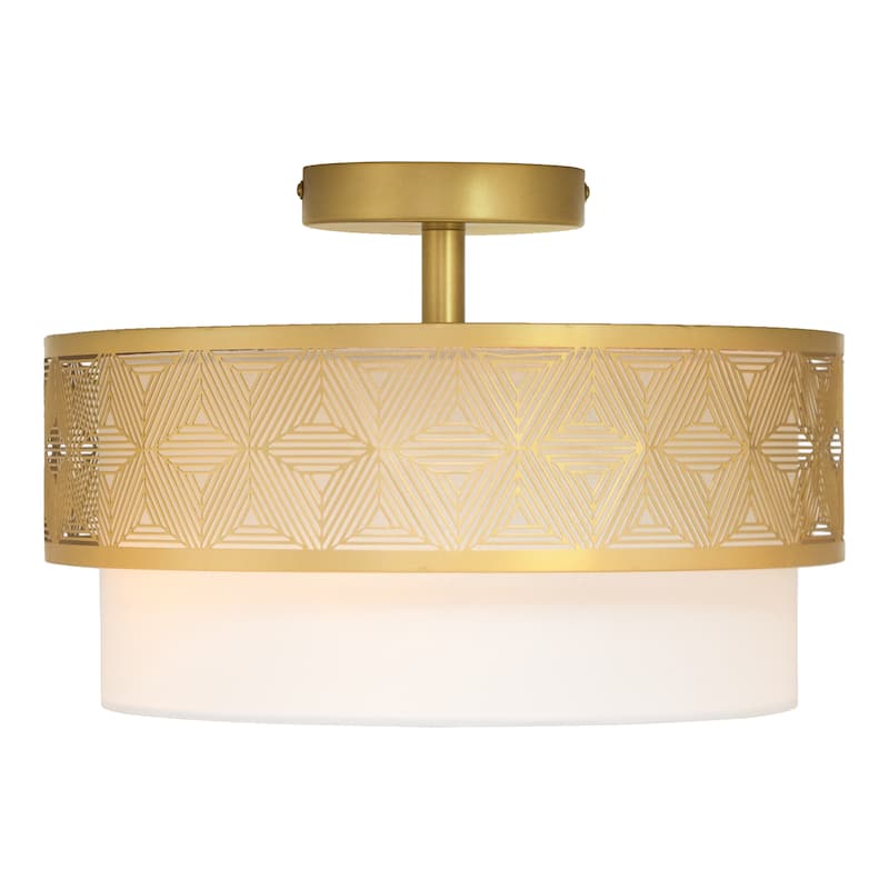 Celia River of Goods Gold Metal and White Fabric Drum 13.125-Inch Ceiling Light - 13.125" x 13.125" x 8.75" - 13.125" x 13.125" x 8.75" - Gold/White