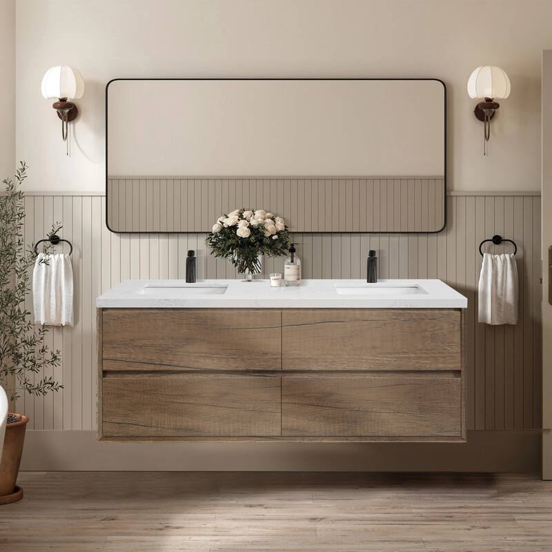 NebulaSky 60/ 72/ 84 in Wall Mounted Double Sink Bathroom Vanity with Engineered Stone Top Combo Cabinet Vanity Set