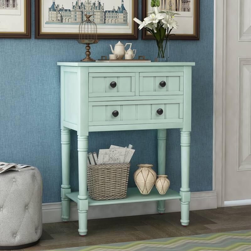 Narrow Console Table, Slim Sofa Table with Three Storage Drawers and Bottom Shelf