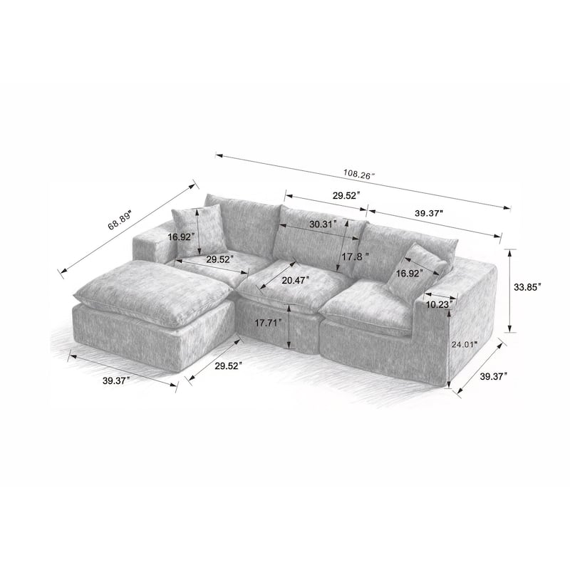 108.26" L-Shaped Modern Chenille Cloud Sofa with Two Pillows
